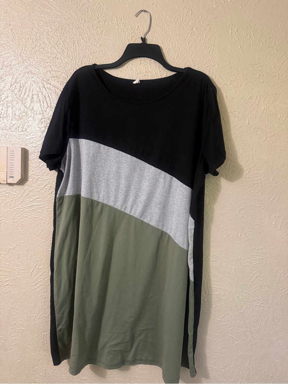 Tri-Color Short Sleeve T-Shirt Dress in Black, Grey & Olive size: X-Large Plus